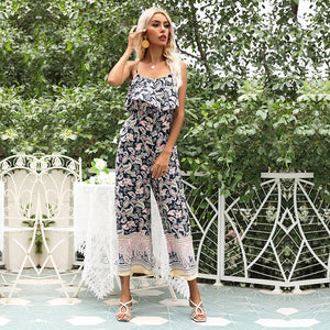 Summer Casual Women Jumpsuit Sexy Sleeveless Sling Print Halter Wrapped Chest Romper Loose Streetwear Jumpsuit