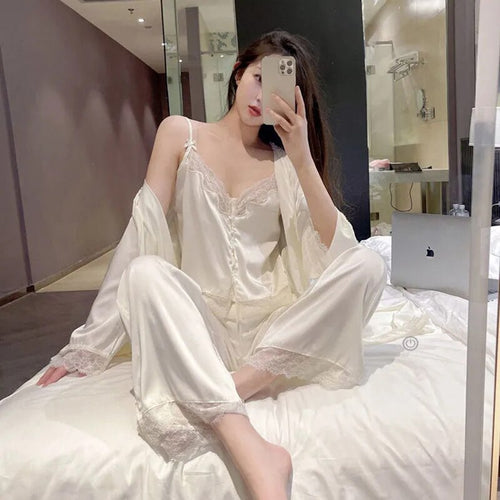 Summer Clothes For Women'S 3 Piece Set Silk Pajamas For Women Lace Suspenders Sexy Plus Size Women Pajamas Satin Home Dress