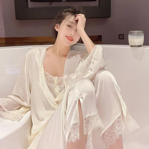 Summer Clothes For Women&#39;S 3 Piece Set Silk Pajamas For Women Lace Suspenders Sexy Plus Size Women Pajamas Satin Home Dress