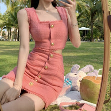 Load image into Gallery viewer, Summer Clothes For Women Tweed Two Piece Set Sleeveless Vest Crop Tops Shorts Skirt Suit Female Elegant 2 Piece Set  Women 2021