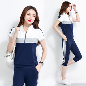 Summer Clothing Two Piece Set Tracksuit Women Zipper Stand Collar Top + Capri Pants Jogging Suit Sportswear Women's Sets Outfits