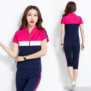 Summer Clothing Two Piece Set Tracksuit Women Zipper Stand Collar Top + Capri Pants Jogging Suit Sportswear Women's Sets Outfits