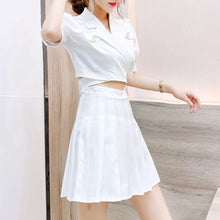 Load image into Gallery viewer, Summer Cross Tie Waist Short Small Suit Jacket + Pleated Skirt Two-piece Sets Office Lady Conjuntos De Vestido Ensembles Femme