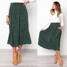 Load image into Gallery viewer, Summer Dots Floral Print Pleated Women Skirt Elegant Elastic High Waist Side Pockets Midi Skirt Beach Female Casual Maxi Skirts
