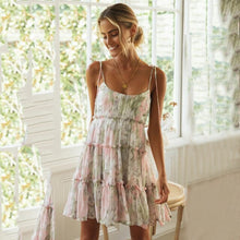 Load image into Gallery viewer, Summer Dress Sexy Spaghetti Floral Lace Up Mini Dresses For Women 2021 Fashion Loose Chiffon Print Ruffle Boho Beach Vestidos