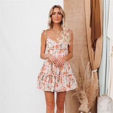 Load image into Gallery viewer, Summer Dress Sexy Spaghetti Floral Lace Up Mini Dresses For Women 2021 Fashion Loose Chiffon Print Ruffle Boho Beach Vestidos