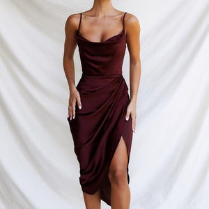 Summer Dress Women Spaghetti Straps Sexy Slit Midi Dresses Party Clubwear Fashion Female Solid Backless Sundress for Woman Robe