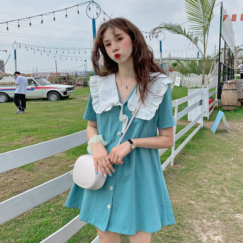 Summer Dress Women Sweet Niche Peter Pan Collar French Elegant Short Sleeve Lace-Up Fairy One Piece Dress Korean 2021 Chic