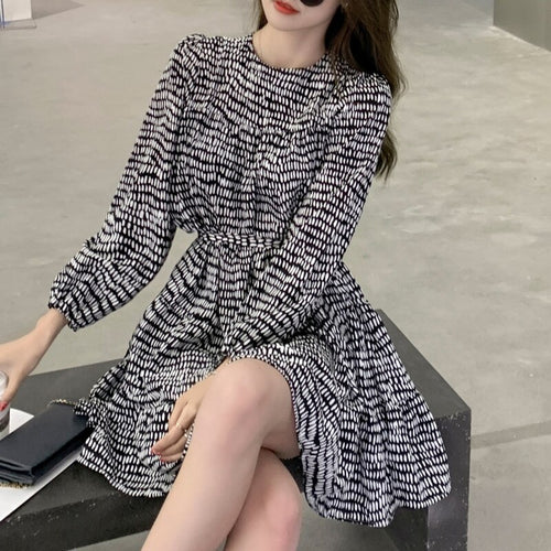 Summer Dresses 2021 New Chiffon Floral High End French Temperament Small Loose Belt Dress O-neck Knee Robe Vestidos De Verano