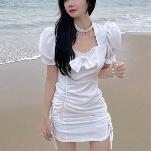 Summer Elegant Fairy Dress Women Designer Sweet Puff Sleeve Kawaii Dress Female Chiffon Casual Holiday Party Mini Dress 2021 New