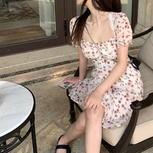 Summer Elegant Floral Dress Women Lace Up Designer Backless Sexy Mini Dress French Retro High Waist Chic Party Sweet Dress 2021