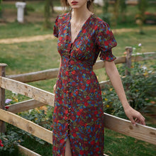Load image into Gallery viewer, Summer Elegant Floral Print Boho Long Dress Women Puff Sleeve V-Neck Temperament Vintage Party Beach Chiffon Vestidos Femme 2021