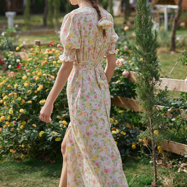 Summer Elegant Floral Print Boho Long Dress Women Puff Sleeve V-Neck Temperament Vintage Party Beach Chiffon Vestidos Femme 2021