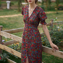 Load image into Gallery viewer, Summer Elegant Floral Print Boho Long Dress Women Puff Sleeve V-Neck Temperament Vintage Party Beach Chiffon Vestidos Femme 2021