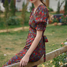Load image into Gallery viewer, Summer Elegant Floral Print Boho Long Dress Women Puff Sleeve V-Neck Temperament Vintage Party Beach Chiffon Vestidos Femme 2021