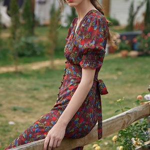 Summer Elegant Floral Print Boho Long Dress Women Puff Sleeve V-Neck Temperament Vintage Party Beach Chiffon Vestidos Femme 2021