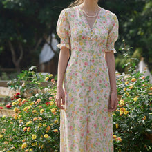 Load image into Gallery viewer, Summer Elegant Floral Print Boho Long Dress Women Puff Sleeve V-Neck Temperament Vintage Party Beach Chiffon Vestidos Femme 2021