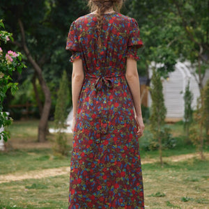 Summer Elegant Floral Print Boho Long Dress Women Puff Sleeve V-Neck Temperament Vintage Party Beach Chiffon Vestidos Femme 2021