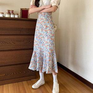 Summer Elegant Floral Skirt Women Vintage High Waist Korean Chiffon Boho Skirt Casual Sweet Slim Fishtail Party Skirt 2021 New