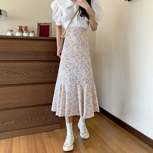 Summer Elegant Floral Skirt Women Vintage High Waist Korean Chiffon Boho Skirt Casual Sweet Slim Fishtail Party Skirt 2021 New