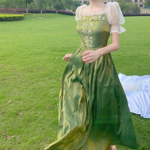 Summer Elegant Green Dress Women French Vintage Lace Patchwork Sweet Dresses Princess Midi Short Sleeve Holiday Dresses 2021