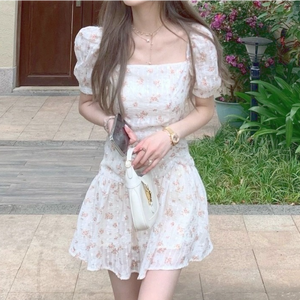 Summer Elegant Kawaii Floral Dress Women Print Korean Sweet Cute Party Mini Dress Puff Sleeve Pretty Fairy Summer Sundress 2021