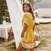 Load image into Gallery viewer, Summer Elegant Ladies Floral Print Dress Women 2021 New A-line Cotton Bohemian V-neck High Waist Short Sleeve Vacation Dress