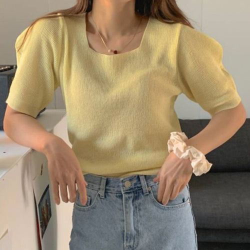 Summer Elegant Solid Women Square Collar Sueter Mujer Korean Knitted Puff Short Sleeve Female Sweaters Vintage Thin Pullovers