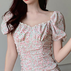 Summer Elegant Sweet Dress Women Vintage Floral Print Lace Chiffon Party Mini Dresses Female High Waist Folds 2021 New Vestidos