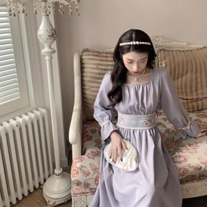 Summer Elegant Sweet Dress Woment French Floral Patchwork Dress Female Purple High Stree Casual Korean Party Midi Dress 2021 New