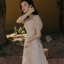 Load image into Gallery viewer, Summer European Station High-End Banquet Fairy Dress Lace Retro Puff Sleeve Net Yarn Tie Bow Dress