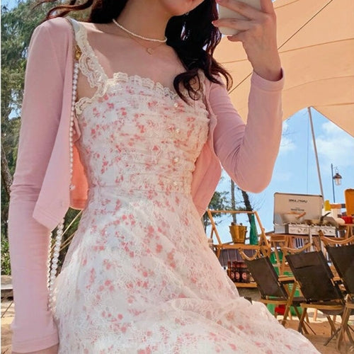 Summer Fairy Strap Dress Women Chiffon French V-Neck Elegant Floral Dress Sweet Casual Outdoor Beach Party Sexy Midi Sundress