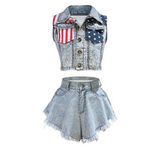 Load image into Gallery viewer, Summer Fashion American Flag Denim Waistcoat Tassel Shorts Two Pieces Set Slim Vest Tops Suits Set For Women