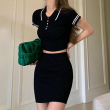 Load image into Gallery viewer, Summer Fashion Striped Knitted Two Piece Set Women Clothes T Shirt Crop Tops Bodycon Short Skirt 2 Piece Set Outfits For Women