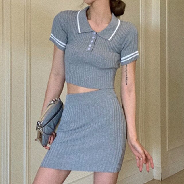 Summer Fashion Striped Knitted Two Piece Set Women Clothes T Shirt Crop Tops Bodycon Short Skirt 2 Piece Set Outfits For Women