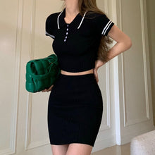 Load image into Gallery viewer, Summer Fashion Striped Knitted Two Piece Set Women Clothes T Shirt Crop Tops Bodycon Short Skirt 2 Piece Set Outfits For Women