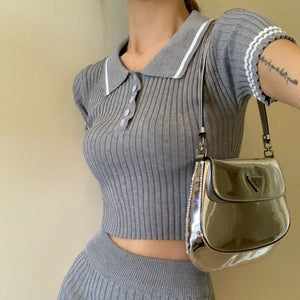 Summer Fashion Striped Knitted Two Piece Set Women Clothes T Shirt Crop Tops Bodycon Short Skirt 2 Piece Set Outfits For Women