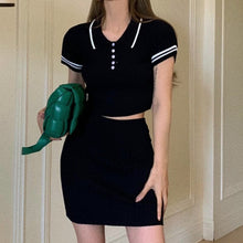Load image into Gallery viewer, Summer Fashion Striped Knitted Two Piece Set Women Clothes T Shirt Crop Tops Bodycon Short Skirt 2 Piece Set Outfits For Women
