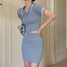 Load image into Gallery viewer, Summer Fashion Striped Knitted Two Piece Set Women Clothes T Shirt Crop Tops Bodycon Short Skirt 2 Piece Set Outfits For Women