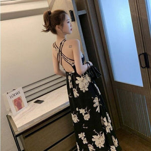 Summer Fashion Women Sling Dresses Casual Backless Dress Ladies Floral Printed Halter Seaside Vacation Beach Party Dress