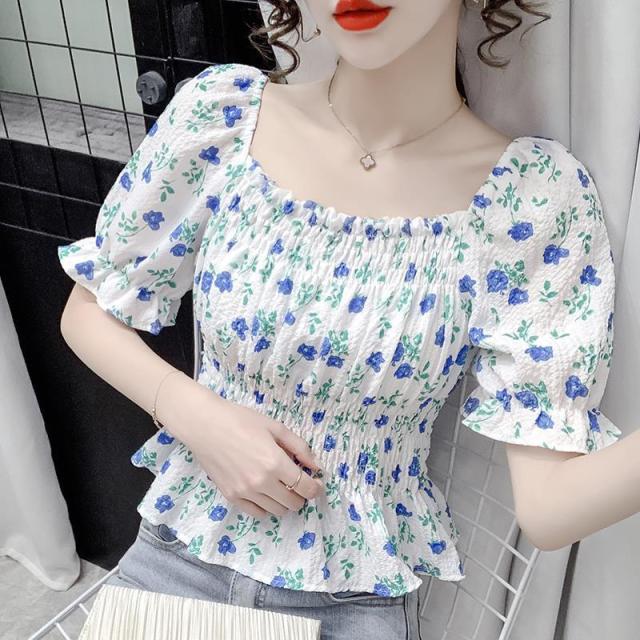 Summer Floral Blouse Tops Korean Designer Slim Chic Chiffon Kawaii Blouse Shirt 2021 Casual Off Shoulder Sexy Flare Sleeve Tops