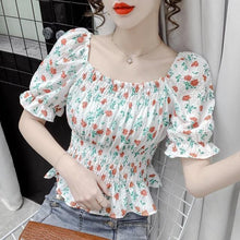 Load image into Gallery viewer, Summer Floral Blouse Tops Korean Designer Slim Chic Chiffon Kawaii Blouse Shirt 2021 Casual Off Shoulder Sexy Flare Sleeve Tops