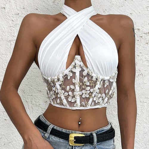 Summer Floral Embroidery Block Criss Cross Halter Sexy Backless Tank Lettuce Trim Knitted Vest Women Summer Patchwork Crop Top