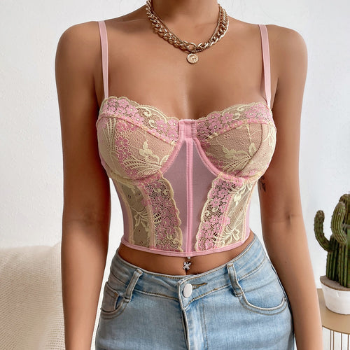 Summer Floral Embroidery Contrast Lace Corset Top Spaghetti Strap Cami Streetwear Sexy Women Solid Color Backless Crop Top