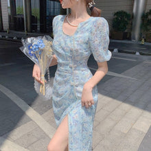 Load image into Gallery viewer, Summer Floral Fairy Dress Women Chiffon Blue Split Designer Sweet Dresses Female Casual Vintage Puff Sleeve Party Dress 2021 New