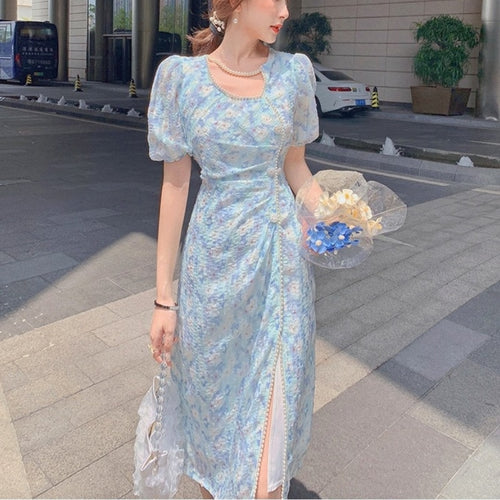 Summer Floral Fairy Dress Women Chiffon Blue Split Designer Sweet Dresses Female Casual Vintage Puff Sleeve Party Dress 2021 New