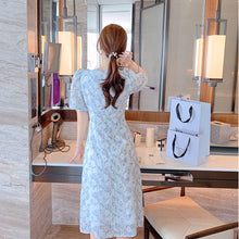 Load image into Gallery viewer, Summer Floral Fairy Dress Women Chiffon Blue Split Designer Sweet Dresses Female Casual Vintage Puff Sleeve Party Dress 2021 New