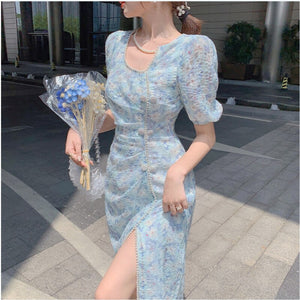 Summer Floral Fairy Dress Women Chiffon Blue Split Designer Sweet Dresses Female Casual Vintage Puff Sleeve Party Dress 2021 New