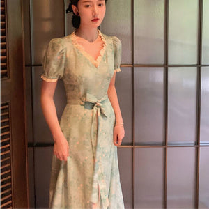 Summer Floral Party Dress Women V-Neck Lace Patchwork Sweet Dresses Female French Short Sleeve Slim Fairy Kawaii Dress 2021 New