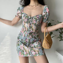 Load image into Gallery viewer, Summer Floral Print Drawstring Square Neck Puff Sleeve Dress women Blue green Elegant Bodycon Beach Boho Light sexy mini Dresses